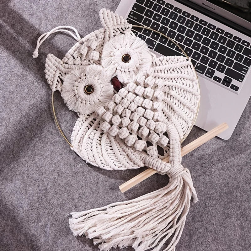 Celestial Owl | Boho Dreamcatcher Wall Hanging | Beige