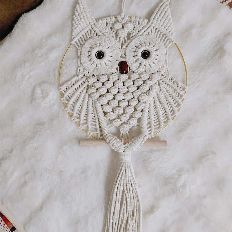 Celestial Owl | Boho Dreamcatcher Wall Hanging | Beige